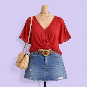 Charlotte Russe Red Tie Front Flutter Sleeve Blouse V Neck M Boho Y2K Summer